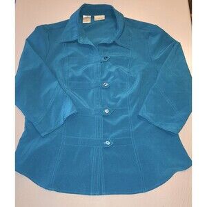 Classic Elements Button Up Womans Blouse Size 14 Teal Long Sleeve Collared Shirt